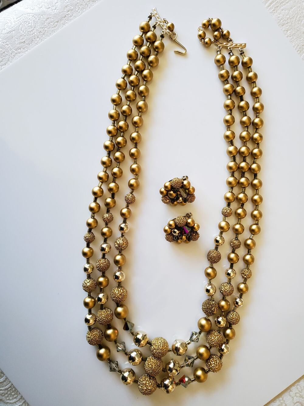 Vintage Japan Multi Tier Gold Tone Necklace and Earring Set
